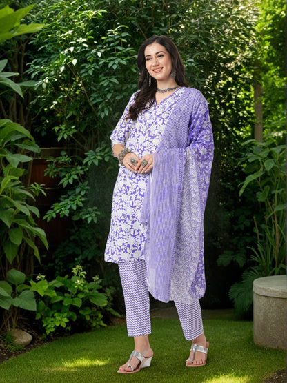Floral & Chevron Printed & Embroidered Straight Kurta with Pant & Dupatta - Purple