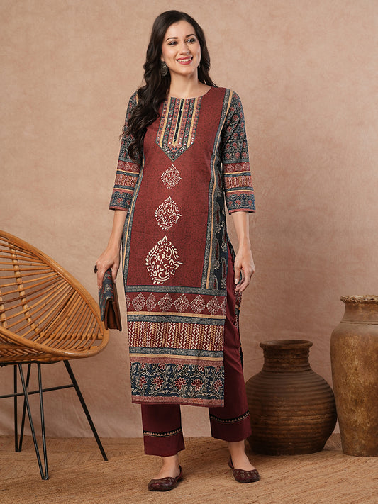Ethnic Floral Printed Straight Fit Kurta - Rust