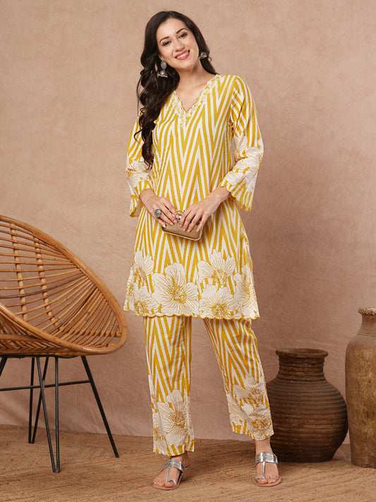 Stripes & Floral Printed Zari Work A-Line Co-ord Set - Yellow