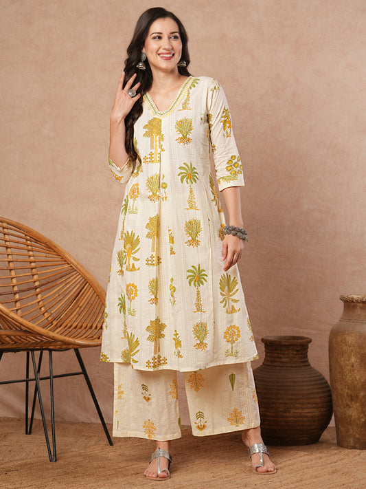 Tropical Floral Printed A-Line Co-ord Set - Off White