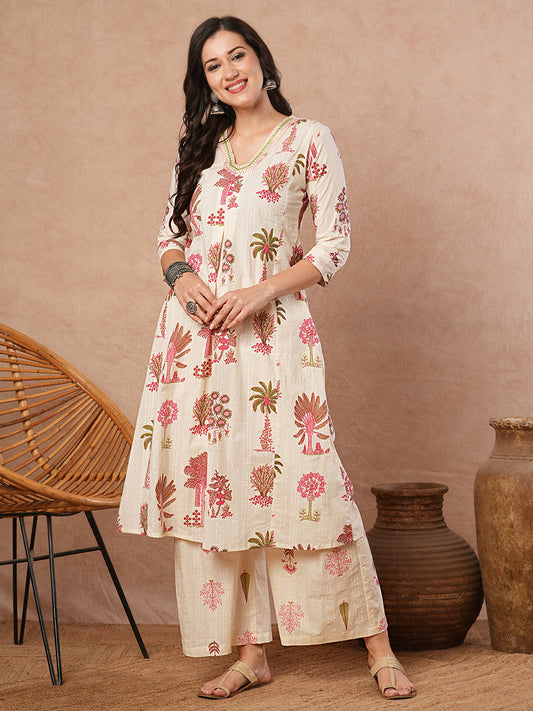 Tropical Floral Printed A-Line Co-ord Set - Off White