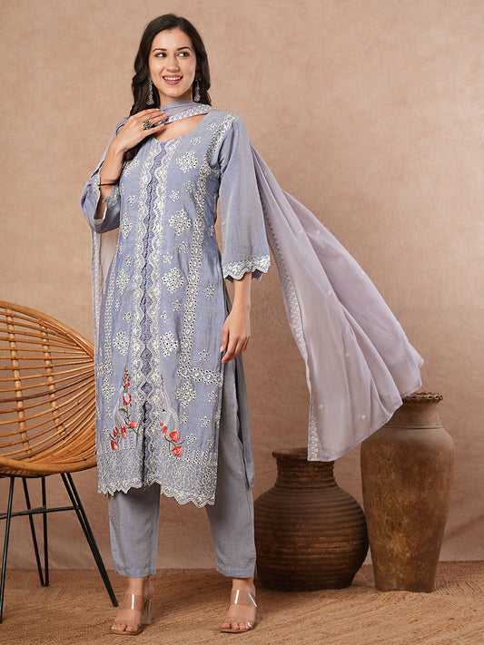 Solid Floral Threadwork Embroidered Straight Fit Kurta with Pant and Solid Dupatta - Powder Blue