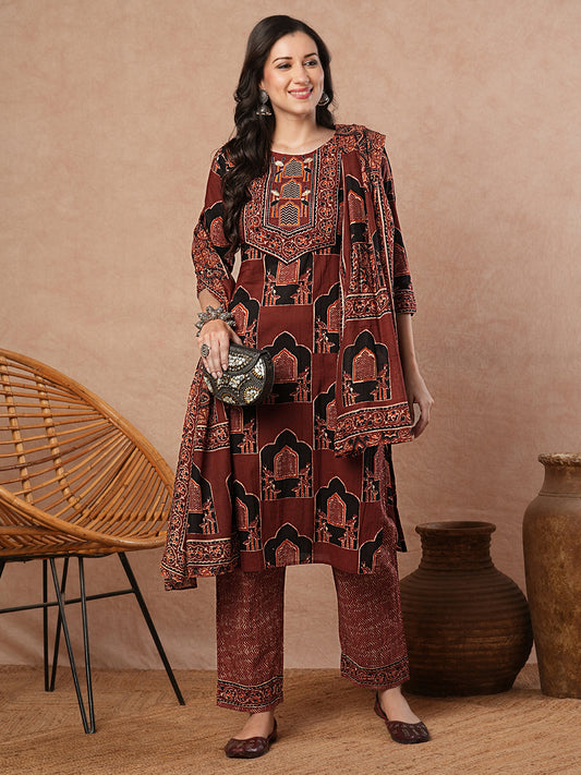 Jharokha Printed & Embroidered Straight Kurta with Pant & Dupatta - Rust