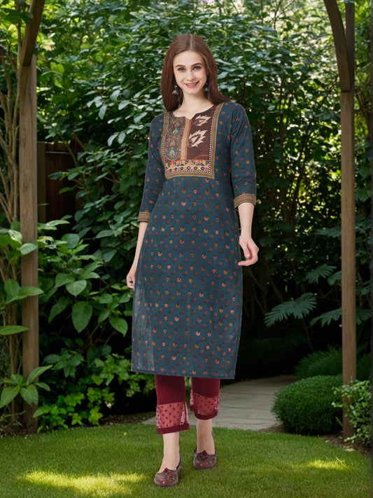 Ethnic Floral Printed Kantha Embroidered Straight Cut Kurta - Blue