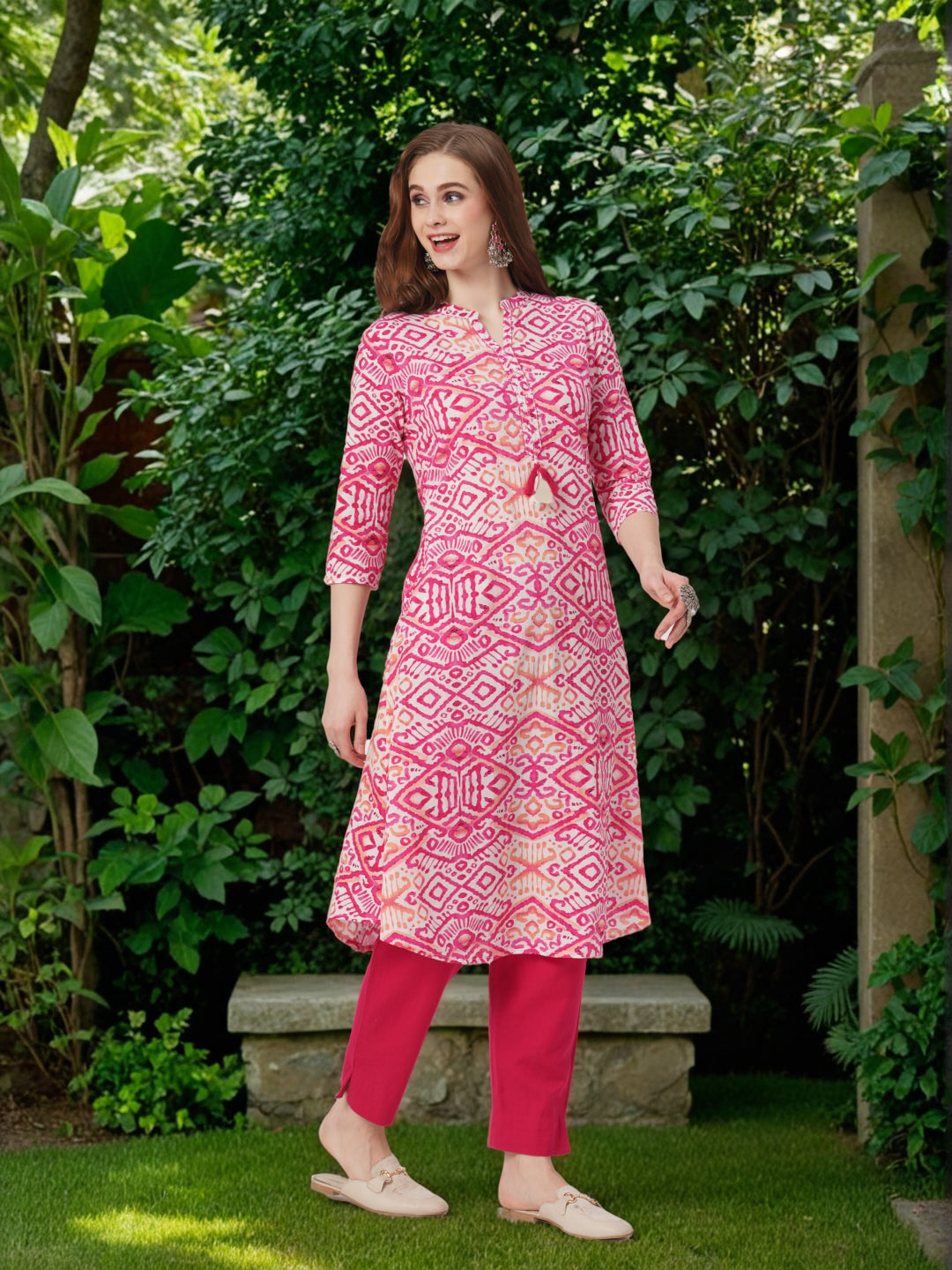 Ethnic Ikat Printed A-Line Flared Kurta - Red