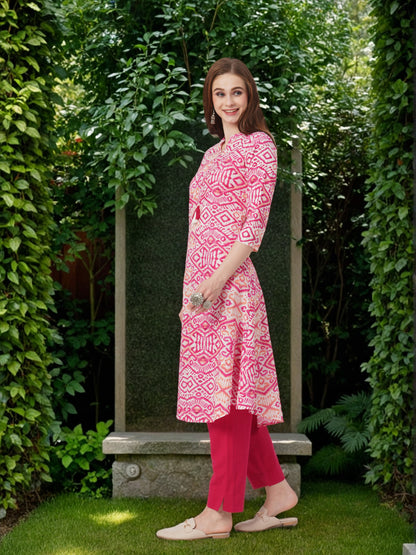 Ethnic Ikat Printed A-Line Flared Kurta - Red