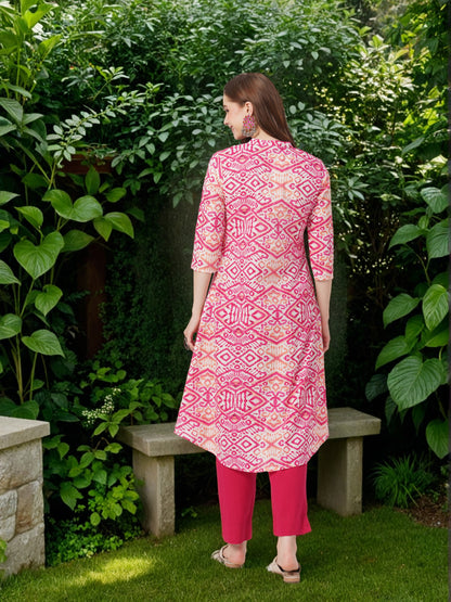 Ethnic Ikat Printed A-Line Flared Kurta - Red