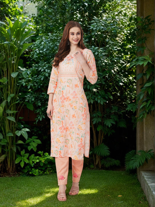 Ethnic Floral Printed Straight Fit Kurta - Peach