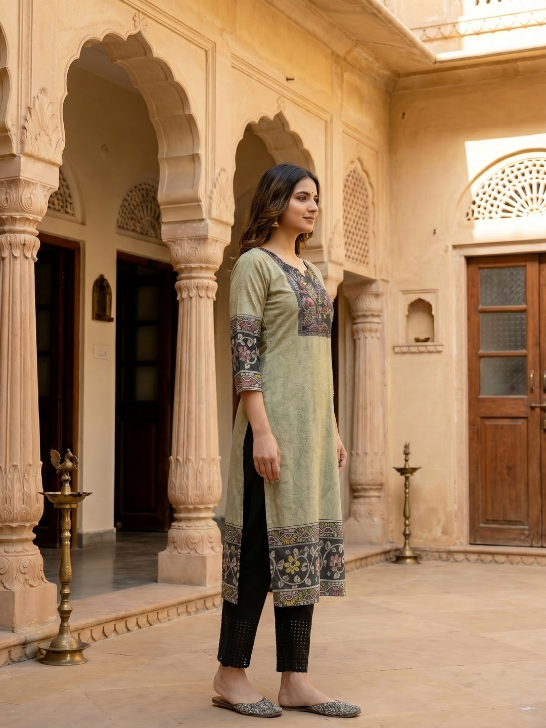 Ethnic Kalamkari Printed Straight Cut Kurta - Grey