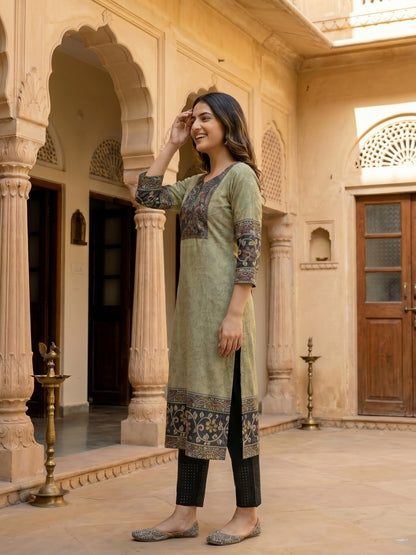 Ethnic Kalamkari Printed Straight Cut Kurta - Grey