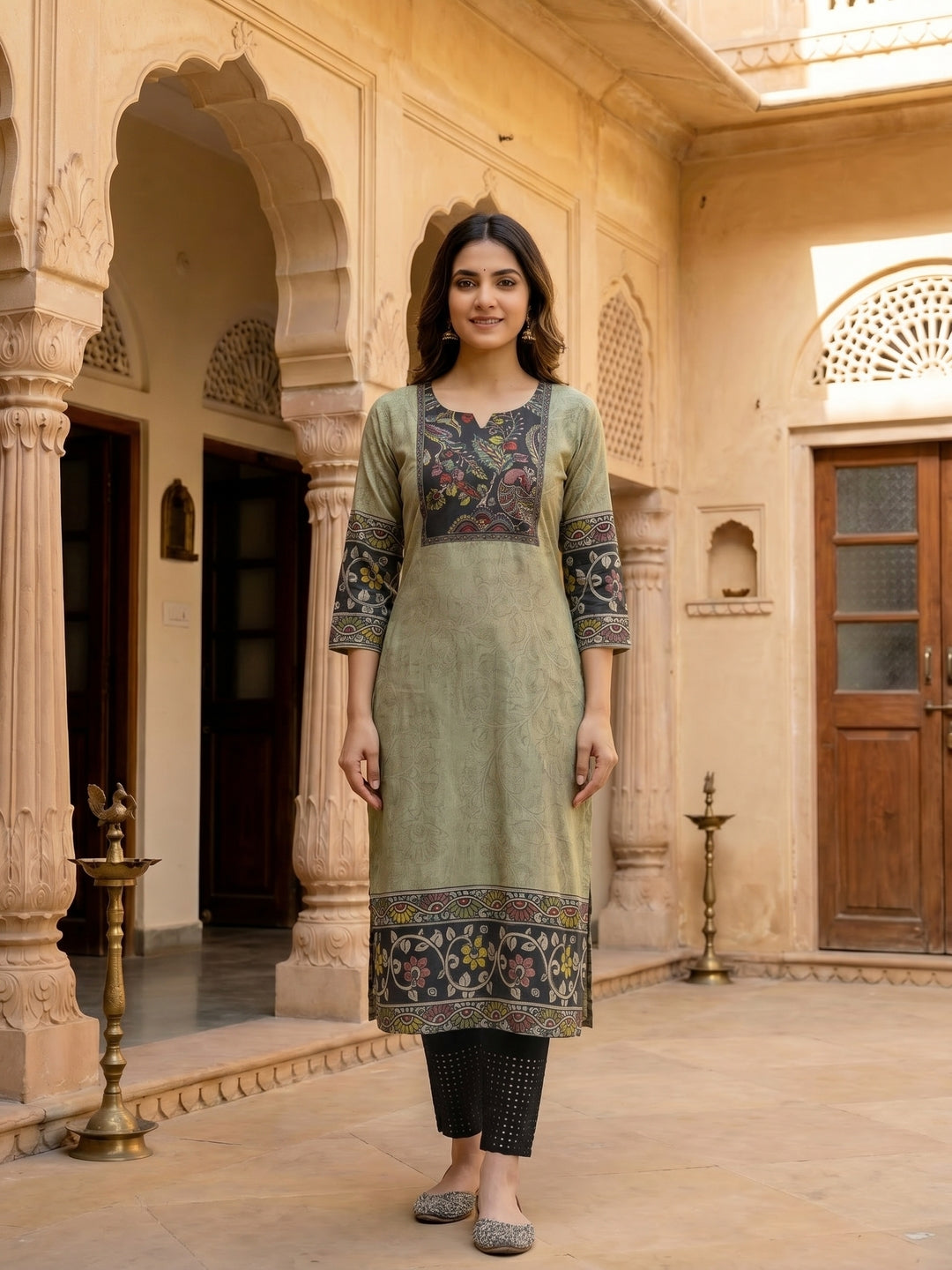Ethnic Kalamkari Printed Straight Cut Kurta - Grey