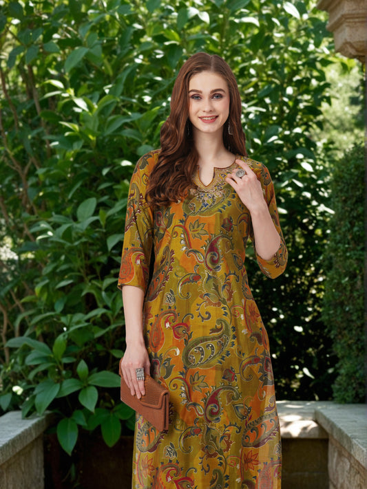 Ethnic & Floral Printed & Dori Embroidered Straight Fit Kurta - Mustard