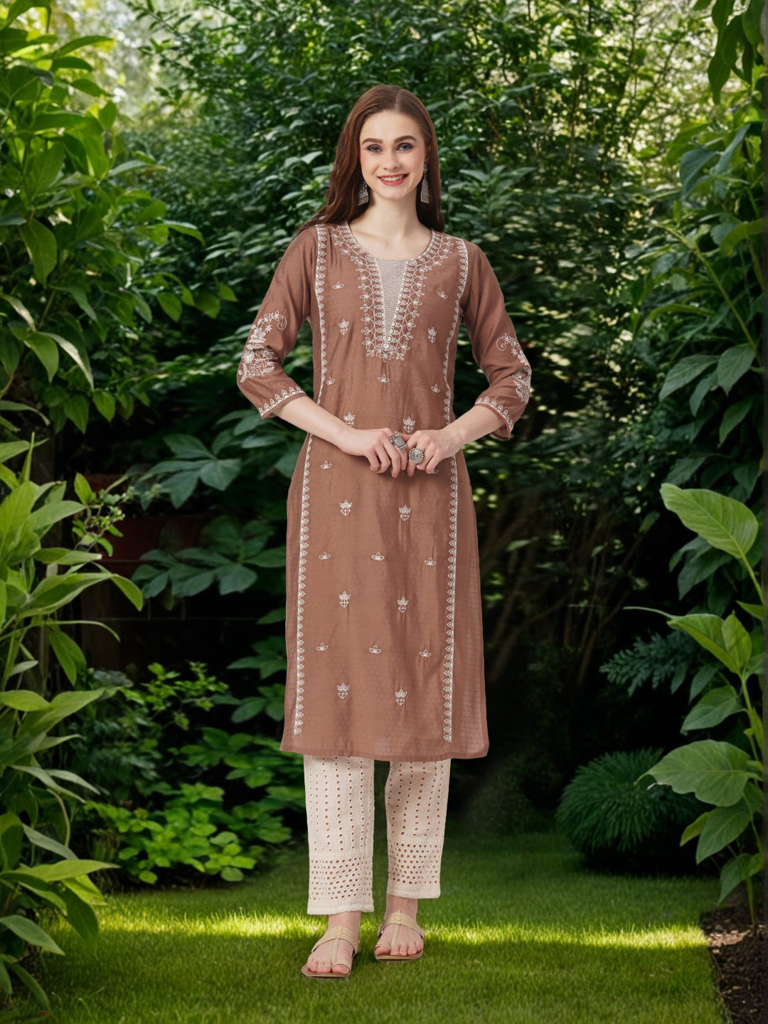 Solid Thread & Sequin Work Straight Fit Kurta - Rose Gold