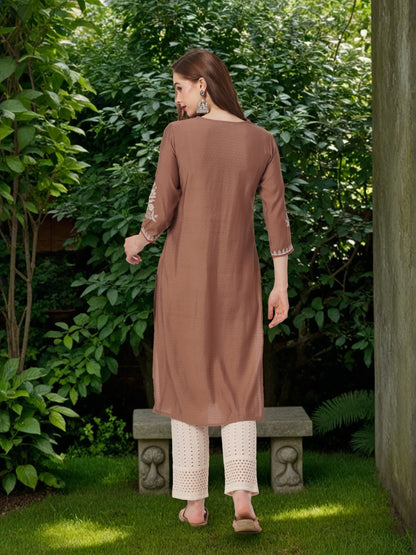 Solid Thread & Sequin Work Straight Fit Kurta - Rose Gold