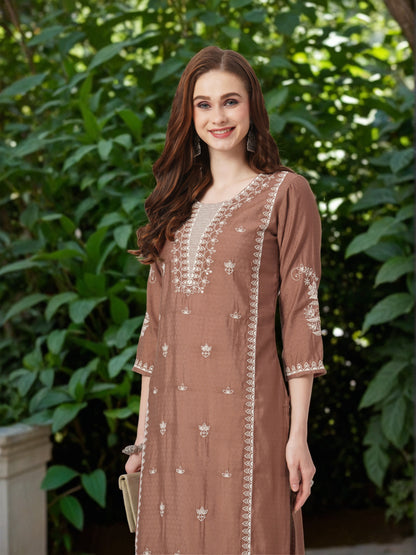 Solid Thread & Sequin Work Straight Fit Kurta - Rose Gold