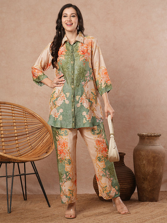 Vintage Floral Printed Straight Fit Co-ord Set - Mutli