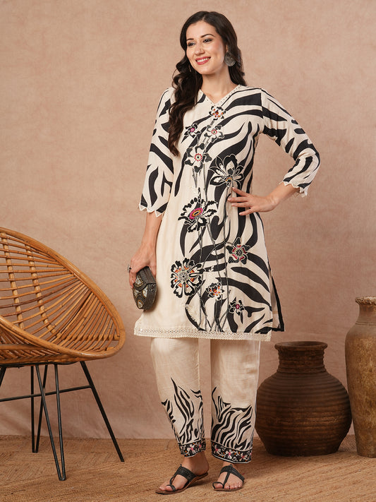 Floral Embroidered & Stripes Printed Co-ord Set - Off White