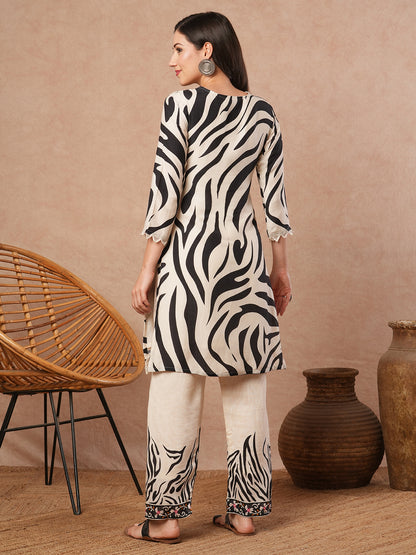 Floral Embroidered & Stripes Printed Co-ord Set - Off White