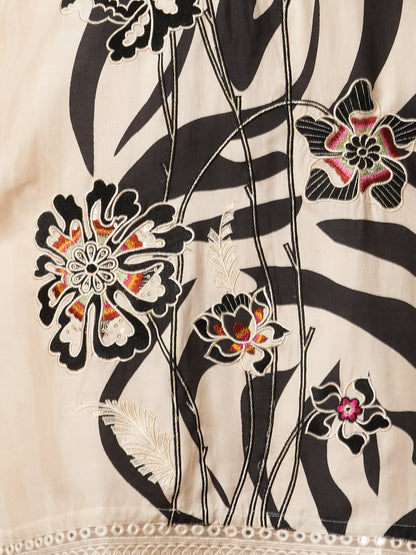 Floral Embroidered & Stripes Printed Co-ord Set - Off White