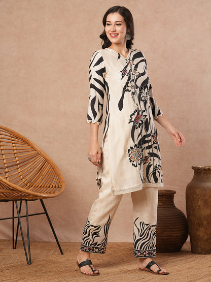 Floral Embroidered & Stripes Printed Co-ord Set - Off White