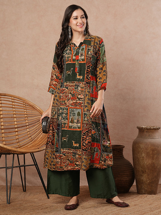 Ethnic Pichwai Printed & Kantha Embroidered Kurta with Palazzo - Green