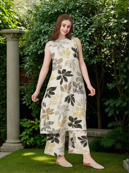 Abstract Floral Foil Printed A-Line Flared Co-ord Set - Cream