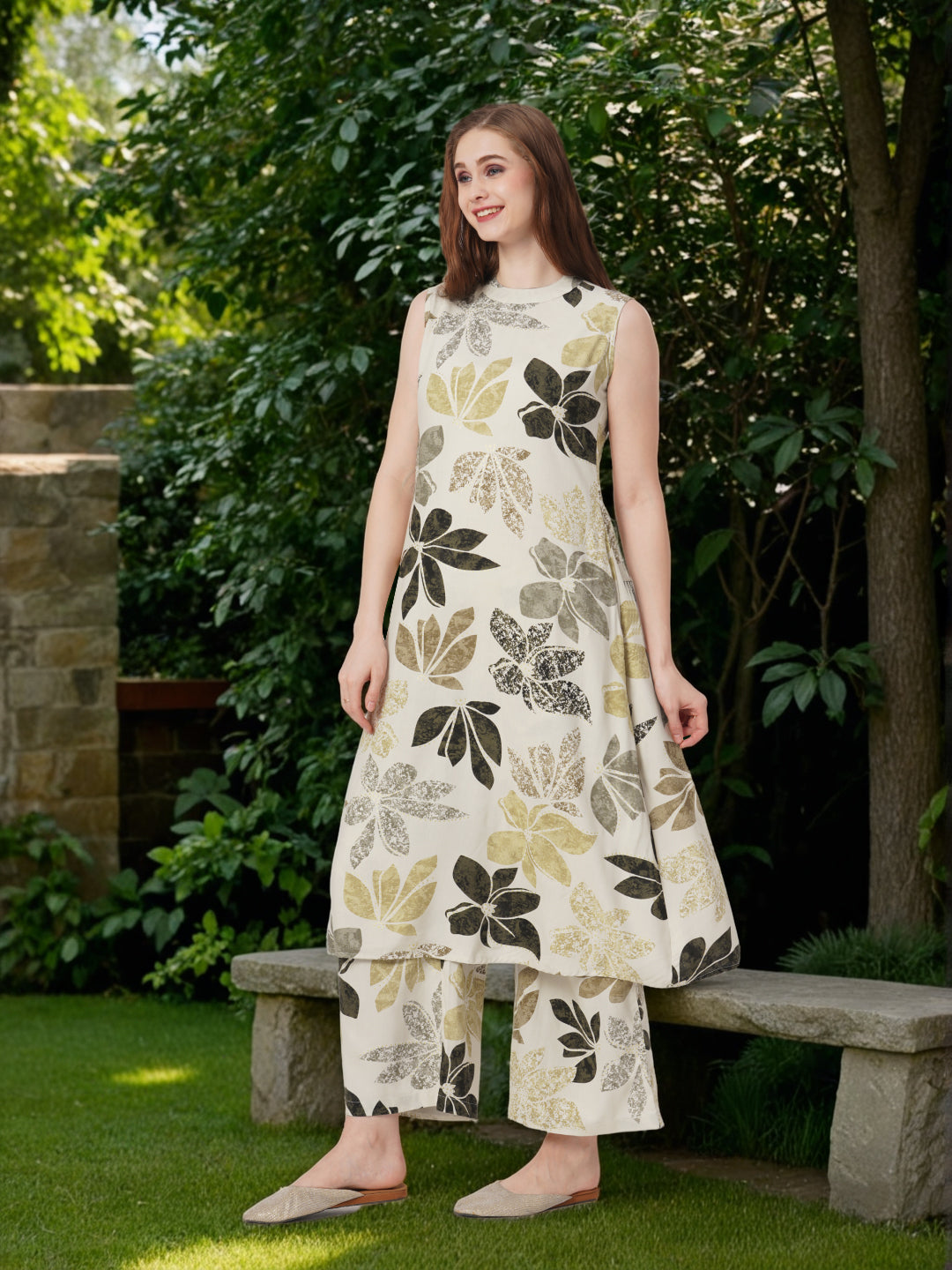 Abstract Floral Foil Printed A-Line Flared Co-ord Set - Cream