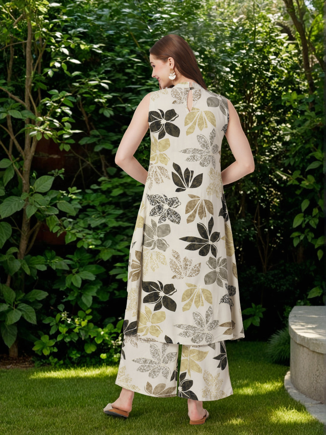 Abstract Floral Foil Printed A-Line Flared Co-ord Set - Cream