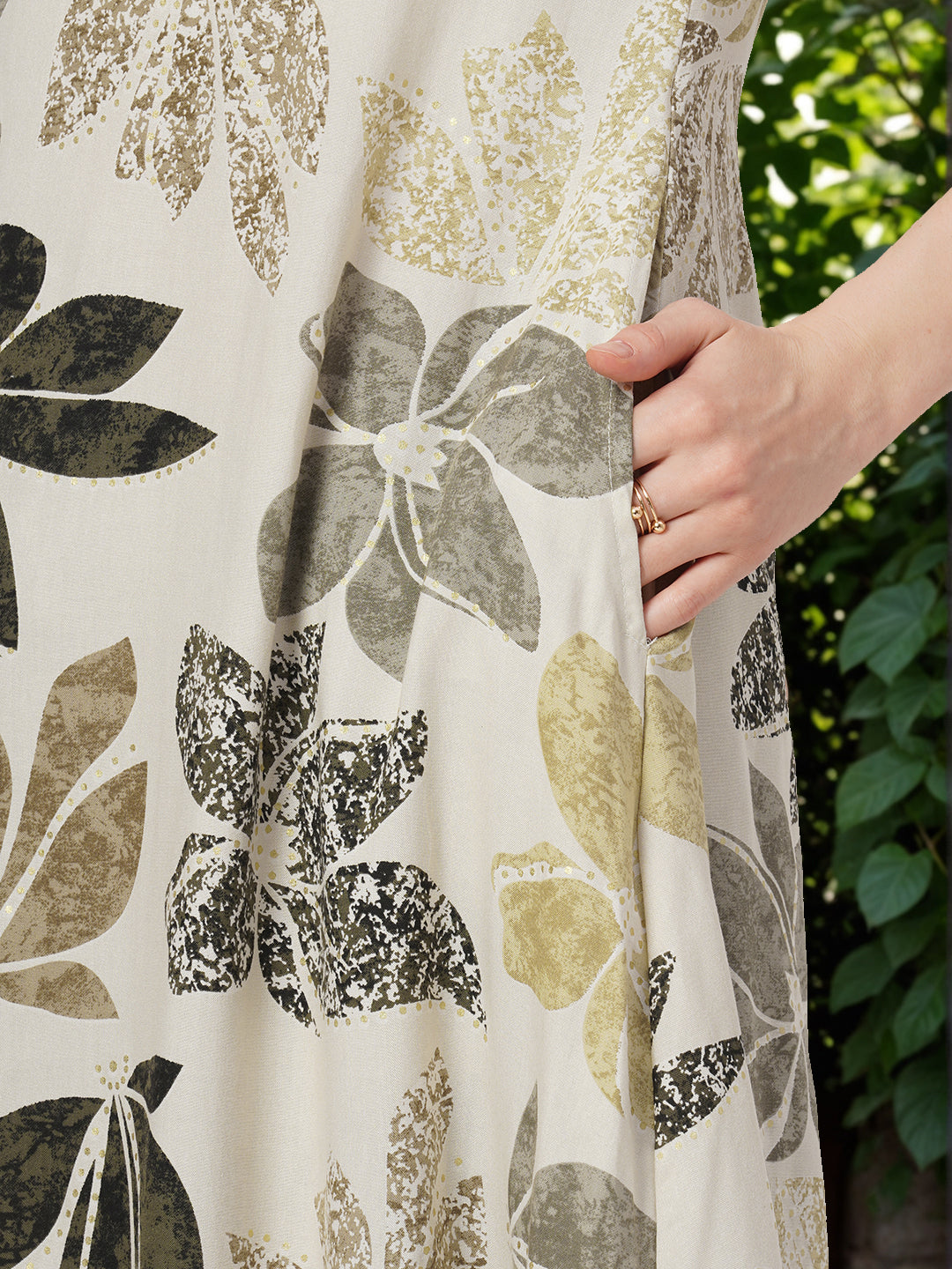 Abstract Floral Foil Printed A-Line Flared Co-ord Set - Cream