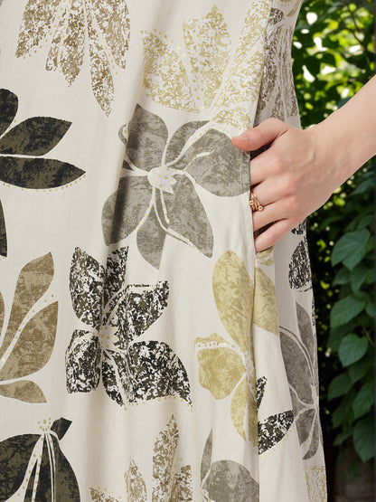 Abstract Floral Foil Printed A-Line Flared Co-ord Set - Cream