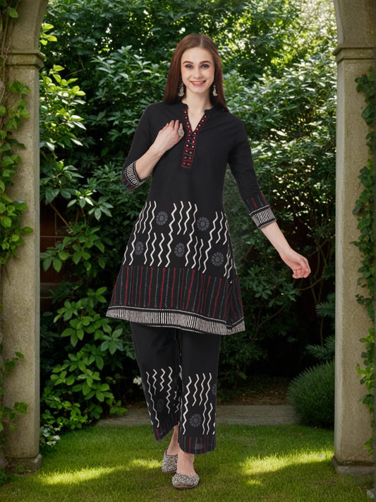 Ethnic Floral Printed A-Line Flared Co-ord Set - Black