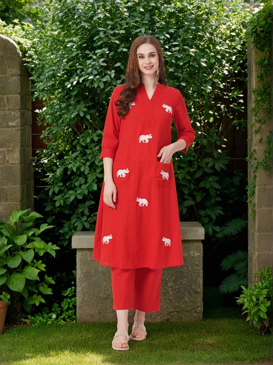 Solid Elephant Threadwork Embroidered A-Line Co-ord Set - Red