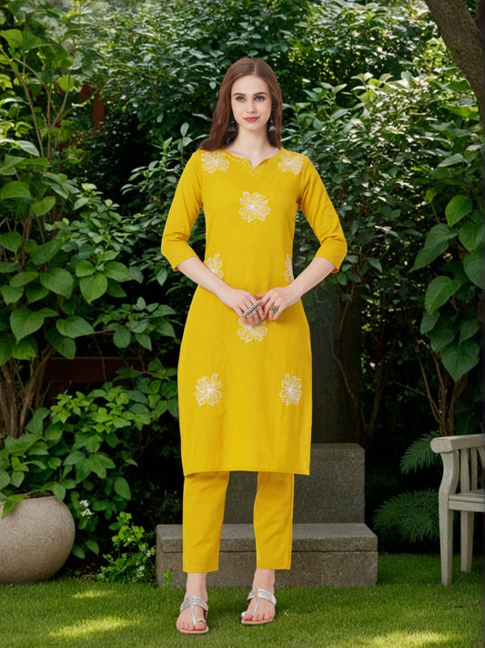 Solid Abstract Floral Embroidered Straight Fit Co-ord Set - Yellow