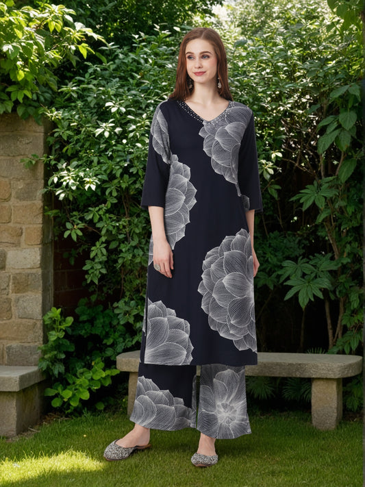 Abstract Floral Printed Co-ord Set - Navy Blue
