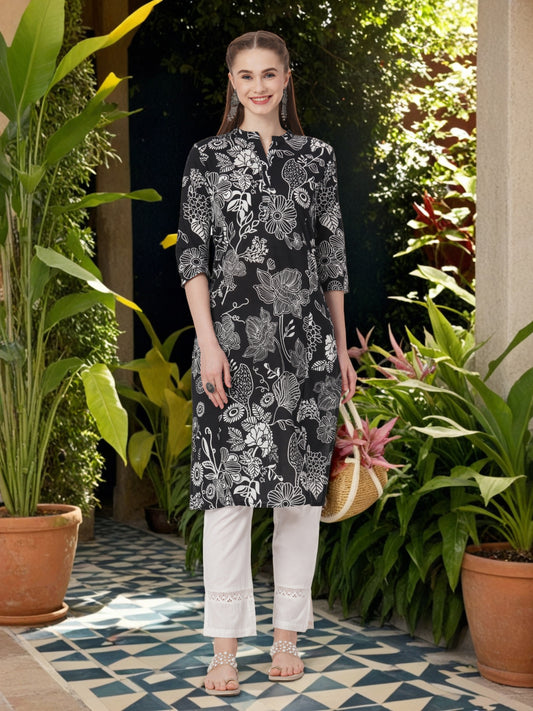 Floral Printed Straight Kurta - Black