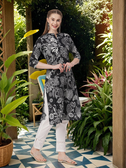 Floral Printed Straight Kurta - Black