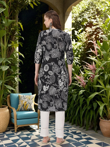 Floral Printed Straight Kurta - Black