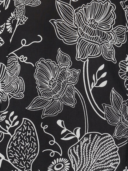 Floral Printed Straight Kurta - Black