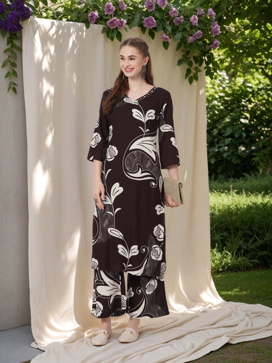 Abstract Leaf Printed Straight Fit Co-ord Set - Burgundy