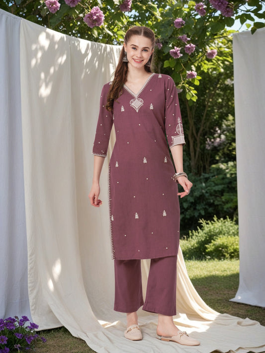 Solid Ethnic Embroidered Straight Fit Kurta with Pant - Mauve