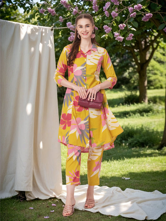 Abstract Floral Printed A-Line Paneled Co-ord Set - Yellow