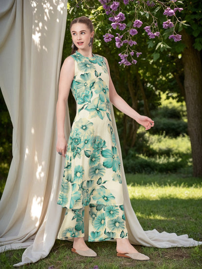 Abstract Floral Printed A-Line Flared Co-ord Set - Teal