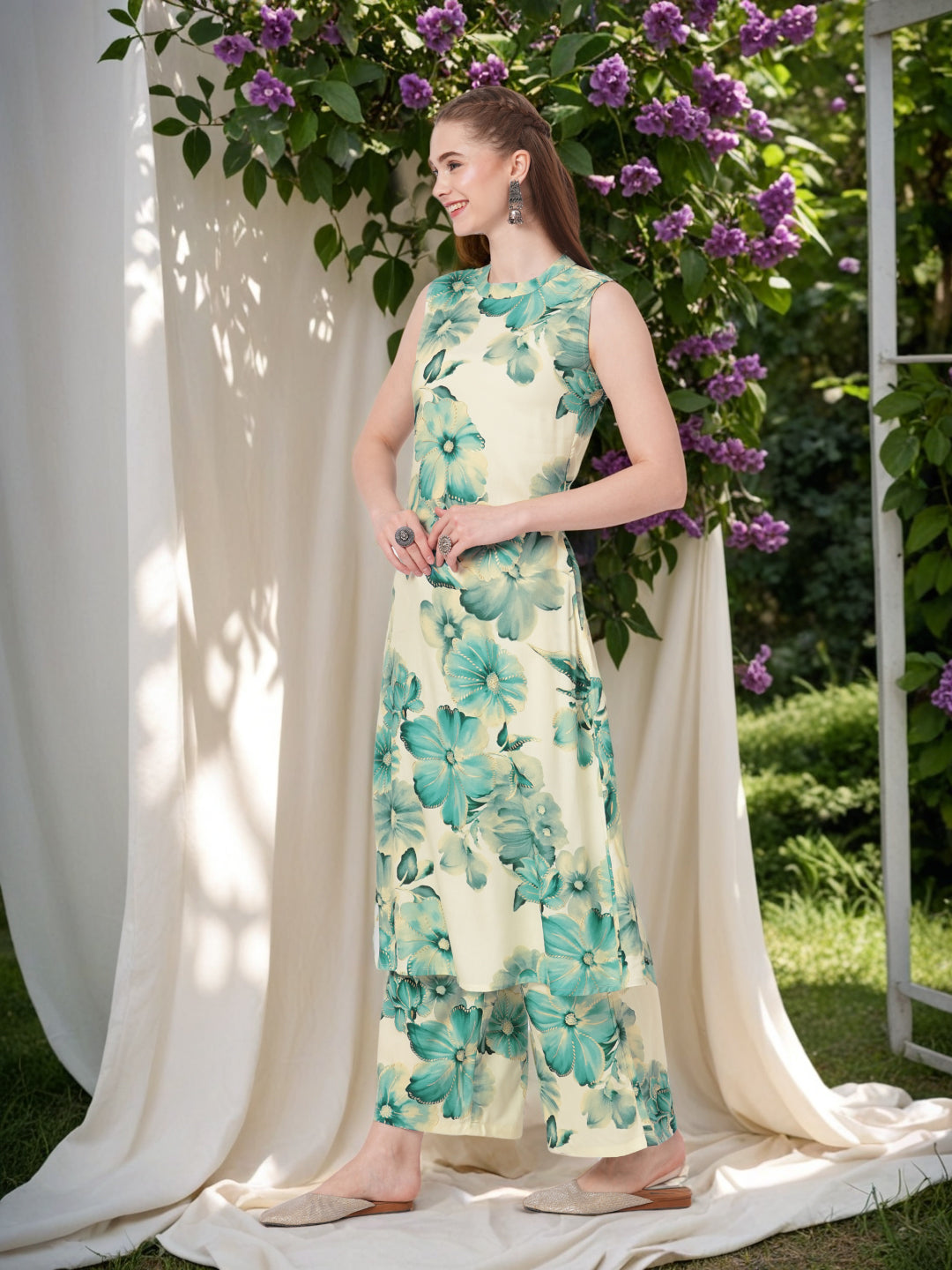 Abstract Floral Printed A-Line Flared Co-ord Set - Teal