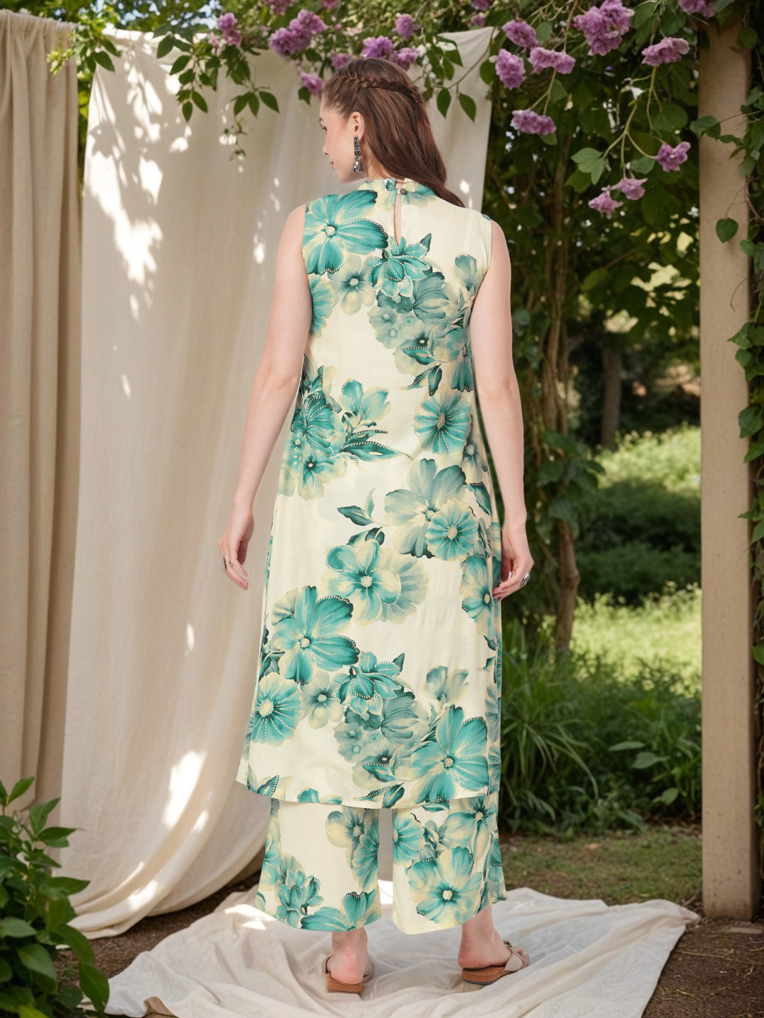 Abstract Floral Printed A-Line Flared Co-ord Set - Teal