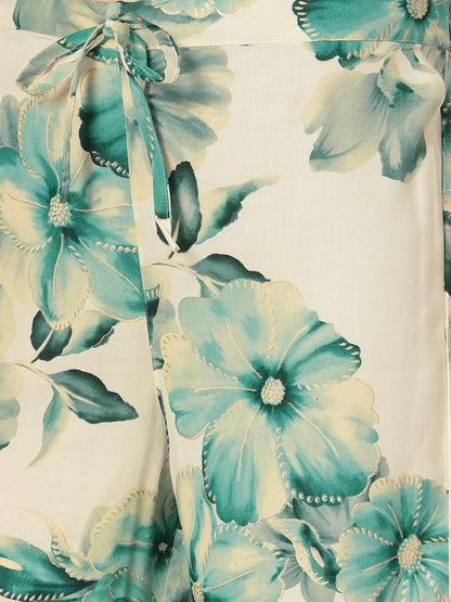 Abstract Floral Printed A-Line Flared Co-ord Set - Teal