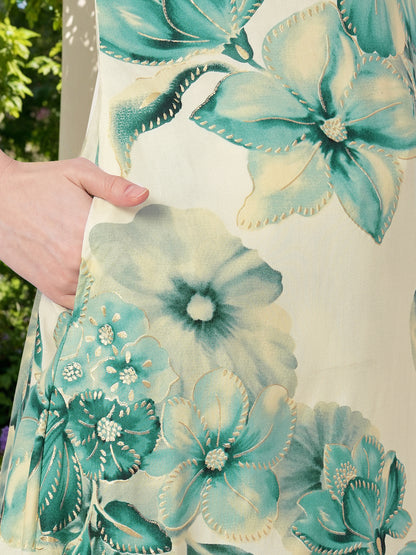 Abstract Floral Printed A-Line Flared Co-ord Set - Teal