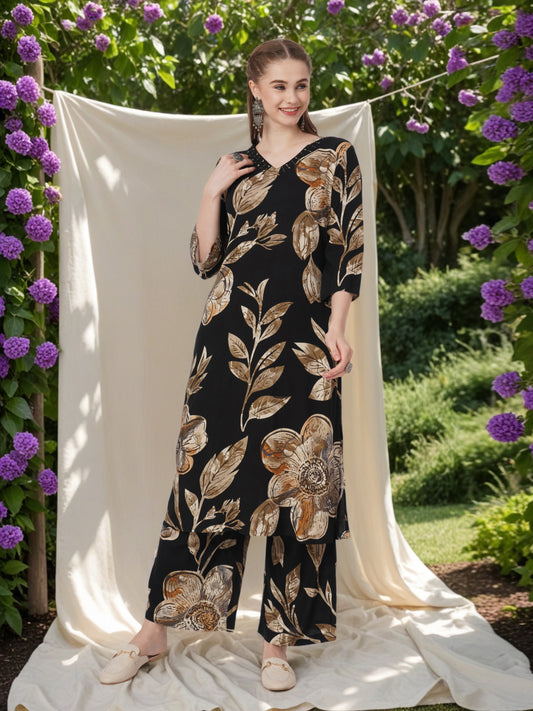 Abstract Leaf Printed Straight Fit Co-ord Set - Black