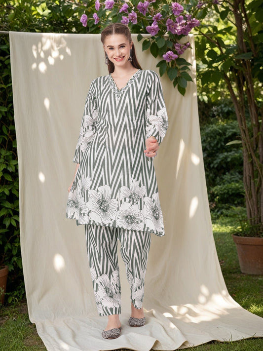 Stripes & Floral Printed Zari Work A-Line Co-ord Set - Grey