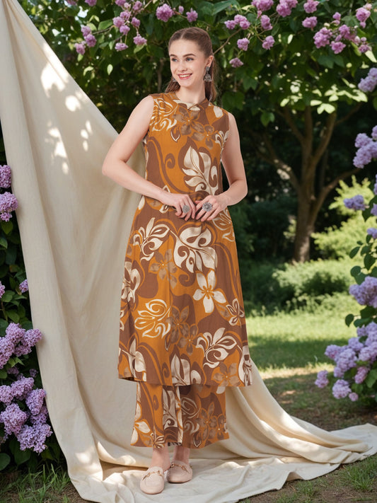 Abstract Floral Printed A-Line Flared Co-ord Set - Mustard