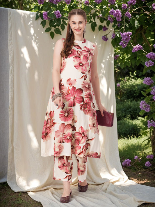 Abstract Floral Printed A-Line Flared Co-ord Set - Pink